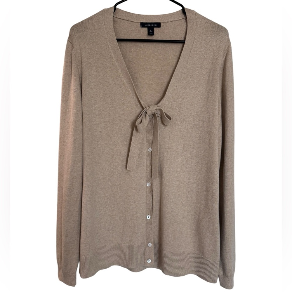Lands' End Women's Tie-Neck Button Cardigan - Taupe
